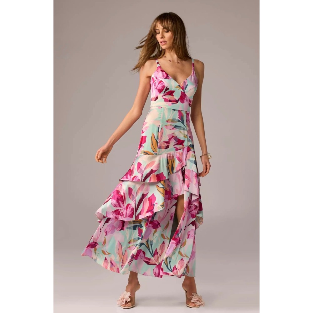 Boston Proper Ruffle Slit Dress Floral Maxi Colorful Feminine Women's Size 4 NWT